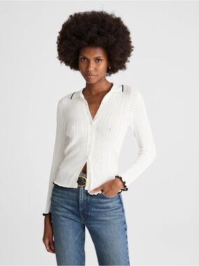 White Ribbed Button-Up Cardigan with Black Trim
